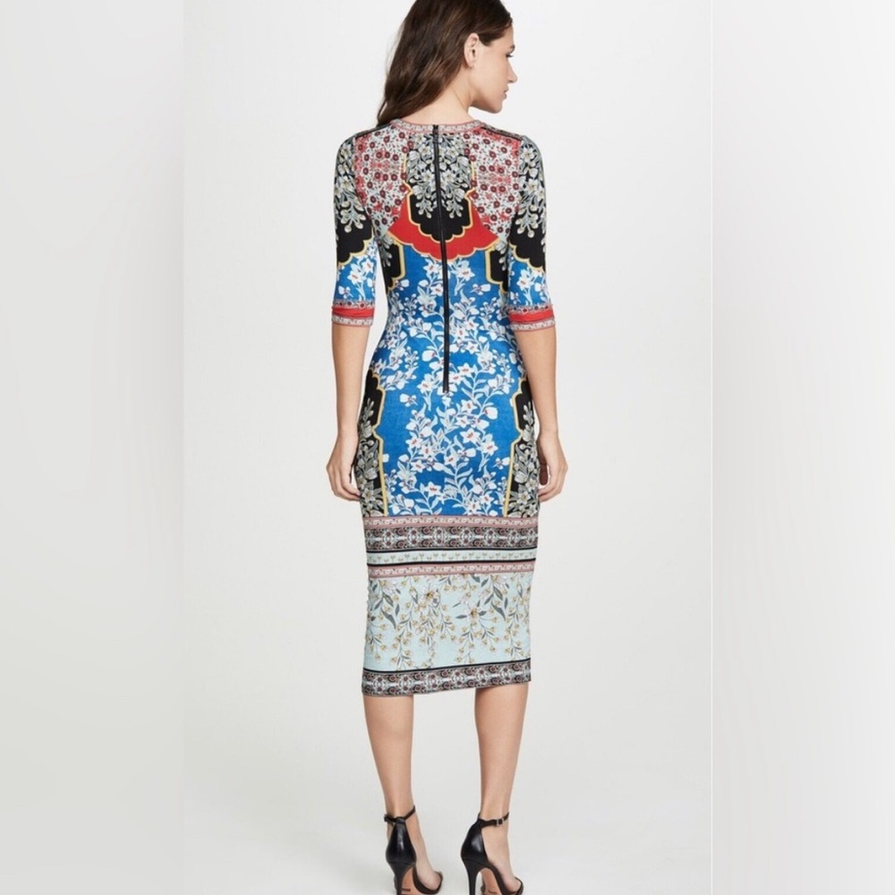 Blue Floral Sheath Dress with Red & Black Accents - Picture 3 of 9